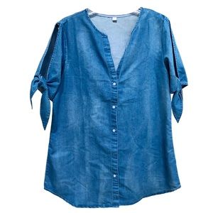 Unbranded Blue Denim Jean Button Down Blouse Short Sleeve with Ties (Lg)